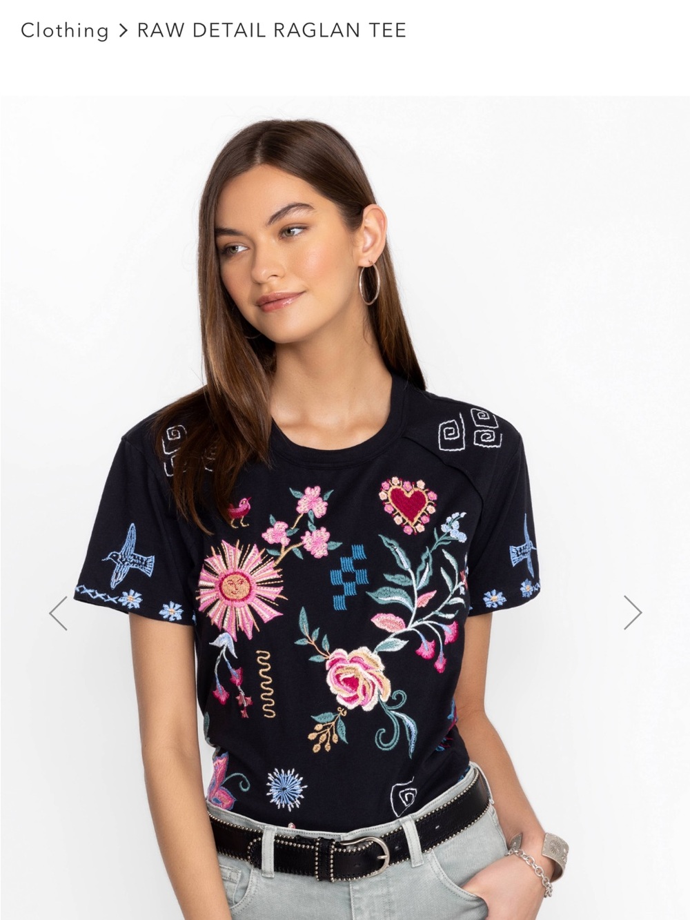 Johnny Was Black Tee with Multicolor Floral Embroidery